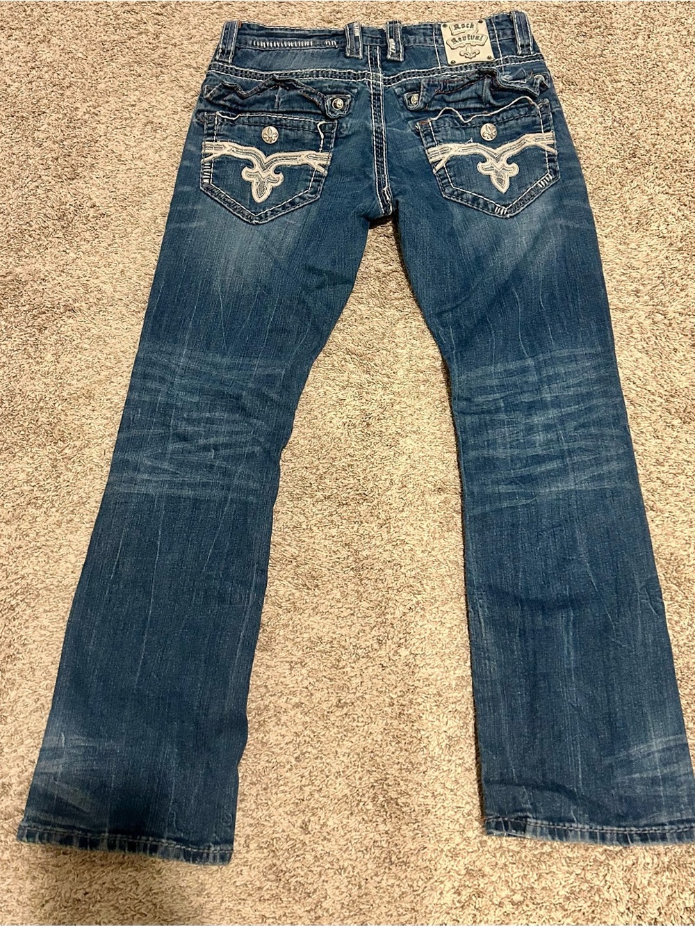 Rock Revival men’s Dark Blue bootcut Jeans with Embroidered Back Pockets